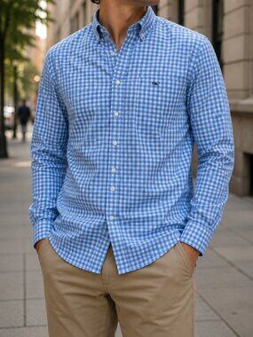 Vineyard Vines Men's Blue and White Plaid Shirt